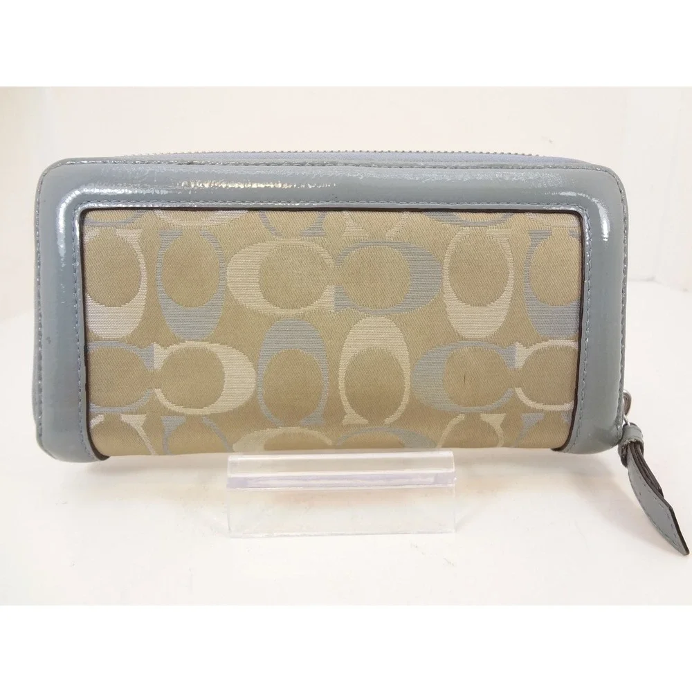 Coach Zip Around Women's Wallet Slate Blue Tan Good Signature Patent Trim